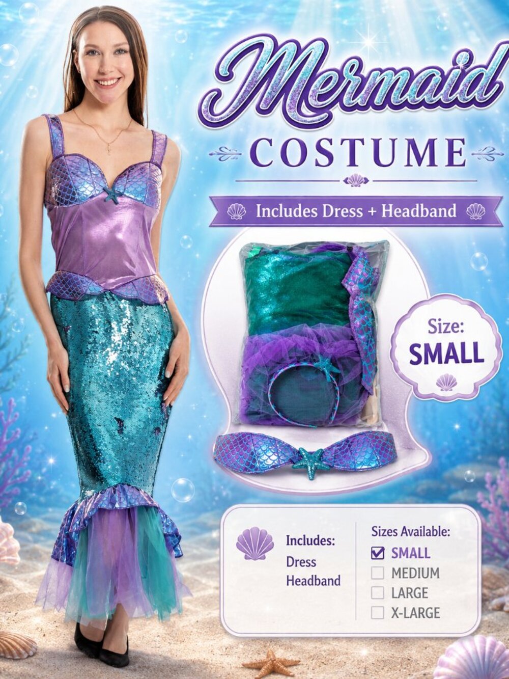 Mermaid Adult Costume – Size Small – Dress & Headband Set